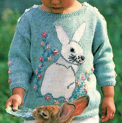 Vintage Knitting Pattern Baby Toddler Girl Bunny Rabbit Sweater PDF Instant Digital Download Easter Flowers Jumper 12m-18m
