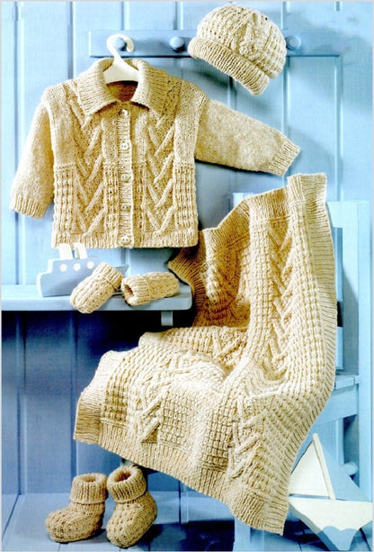 Vintage Knitting Pattern Baby Toddler Cable Knit Aran Cardigan Jacket Hat Mitts Booties Blanket Set PDF Instant Digital Download 0-6 Years