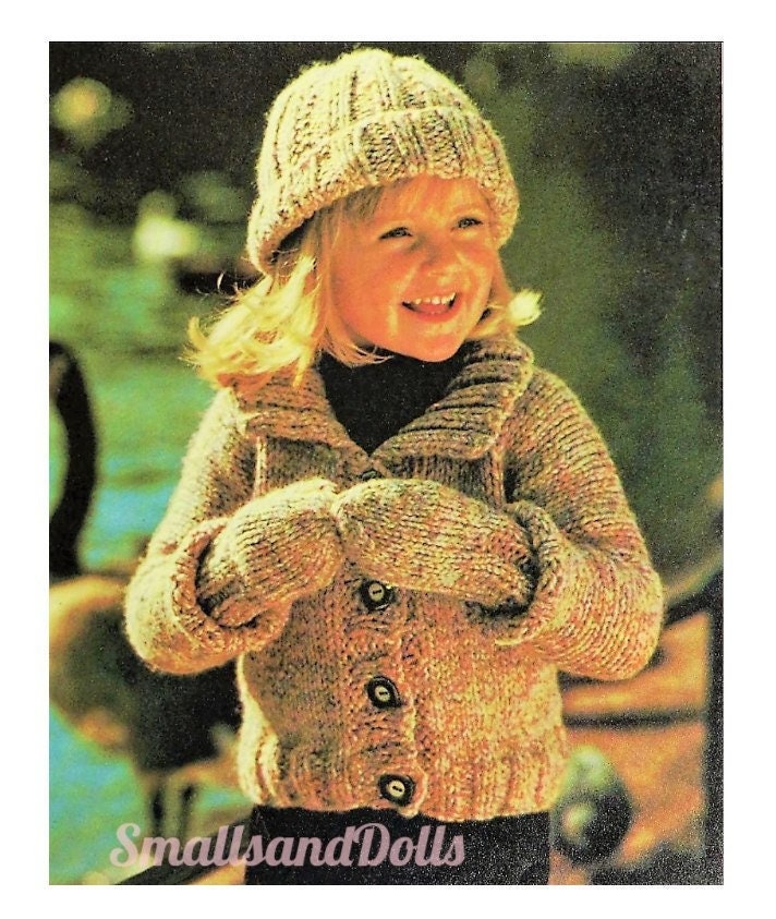 Vintage Knitting Pattern Toddler Childs Chunky Tweed Jacket Hat Mitts Set PDF Instant Digital Download age 2-7 yrs 12 Ply