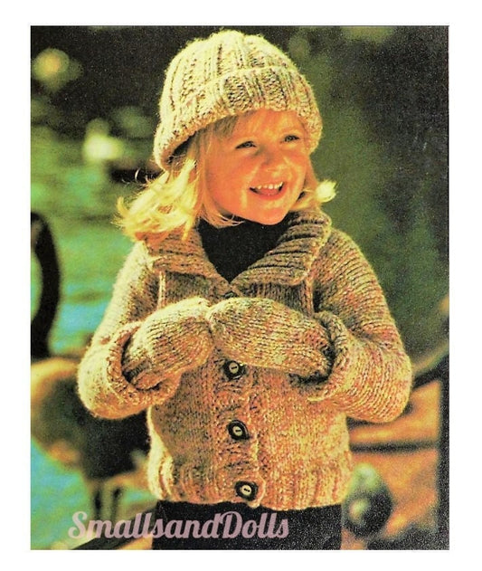 Vintage Knitting Pattern Toddler Childs Chunky Tweed Jacket Hat Mitts Set PDF Instant Digital Download age 2-7 yrs 12 Ply