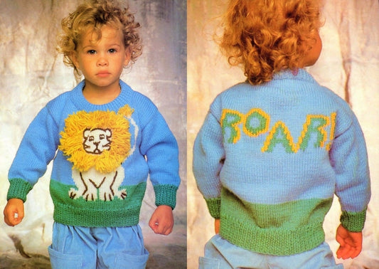 Vintage Knitting Pattern Childrens Childs Lion Sweater PDF Instant Digital Download Zoo Safari Animal Jumper 3D Yarn Mane 2-6 yrs 5 Ply