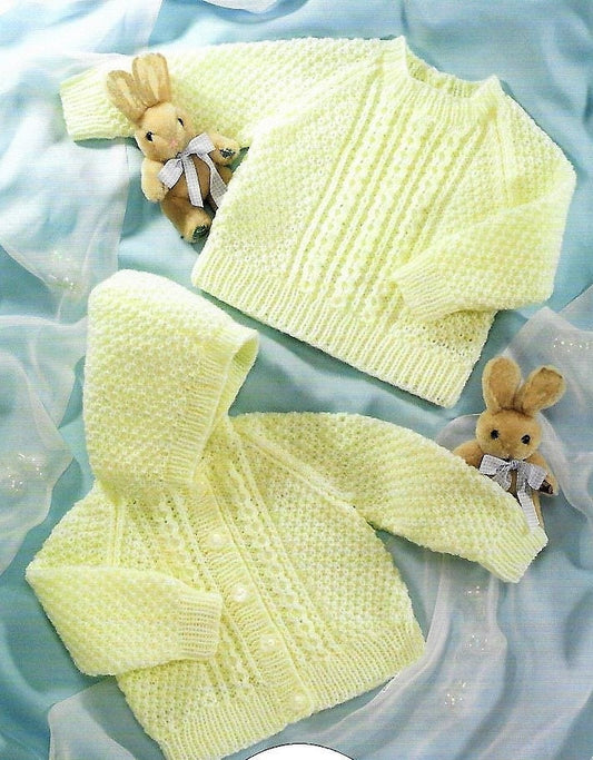 Vintage Knitting Pattern Baby Cable Panel Sweater Hooded Cardigan Jacket PDF Instant Digital Download Moss Stitch 0 - 2 yrs DK 8 Ply