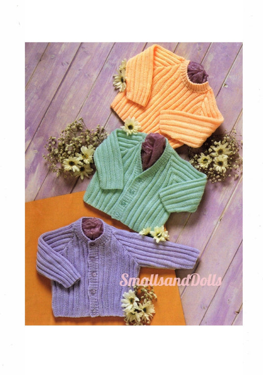 Vintage Knitting Pattern Classic Ribbed Baby Cardigan and Pullover Sweaters Jumper PDF Instant Digital Download Preemie - 2 yrs DK 8 Ply