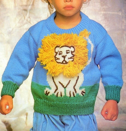 Vintage Knitting Pattern Childrens Childs Lion Sweater PDF Instant Digital Download Zoo Safari Animal Jumper 3D Yarn Mane 2-6 yrs 5 Ply