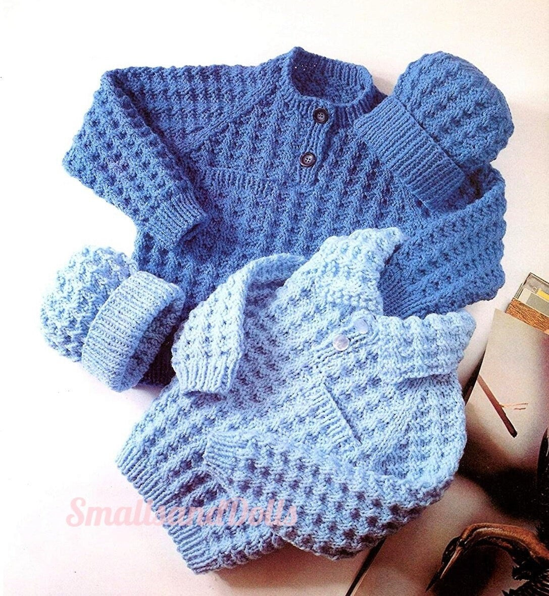 Vintage Knitting Pattern Boys Waffle Knit Sweaters and Hat Sets PDF Instant Digital Download 2-9 Yrs Chunky 12 Ply