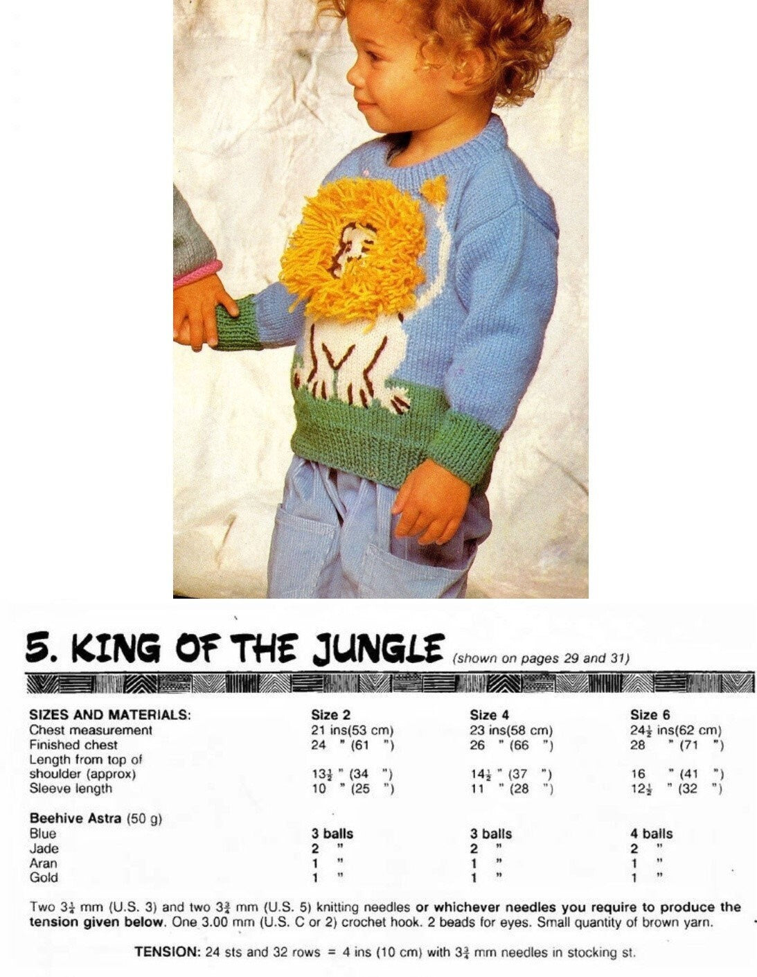 Vintage Knitting Pattern Childrens Childs Lion Sweater PDF Instant Digital Download Zoo Safari Animal Jumper 3D Yarn Mane 2-6 yrs 5 Ply