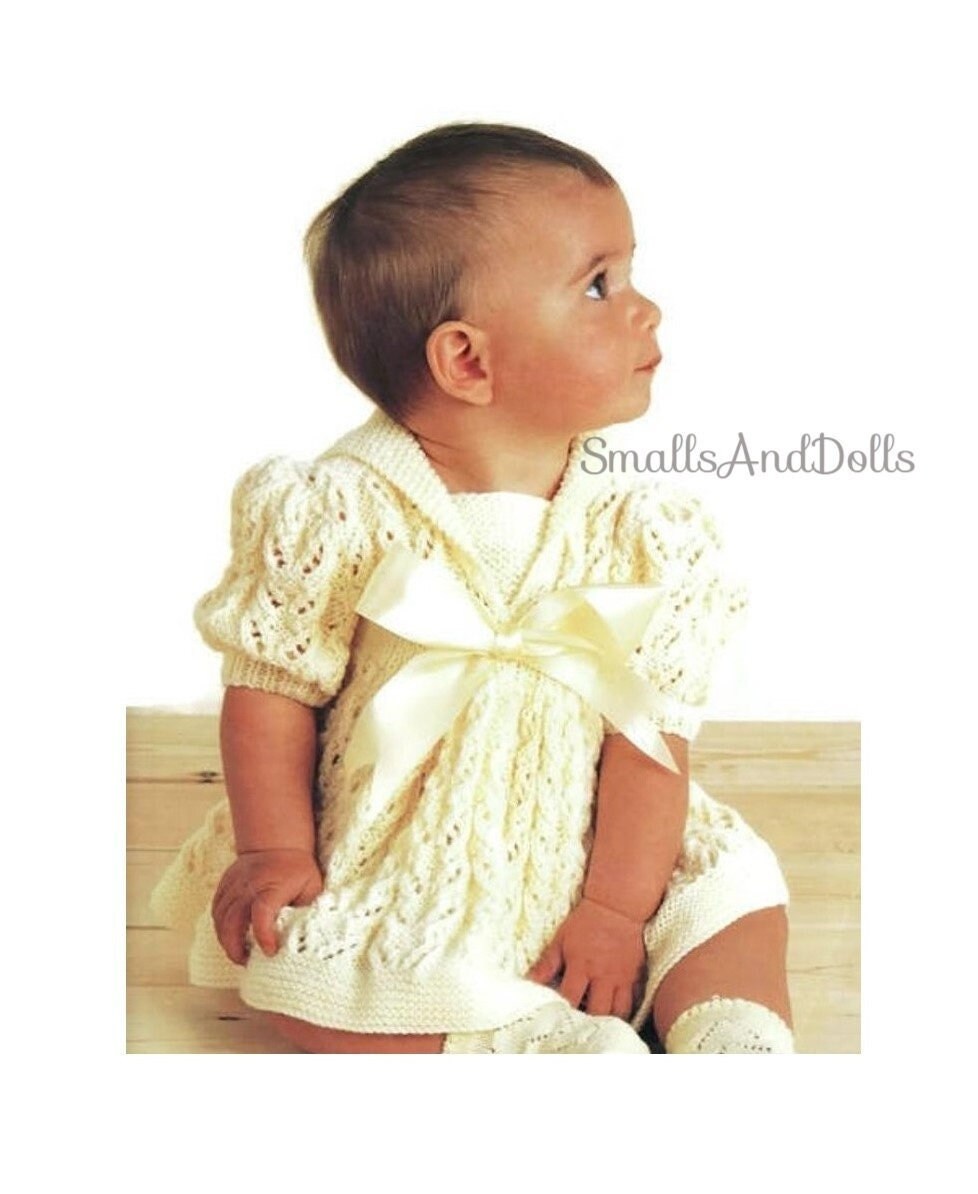 Vintage Knitting Pattern Pretty Lacy Sailor Collar Baby Girl Dress PDF Instant Download Newborn to 2 Years DK