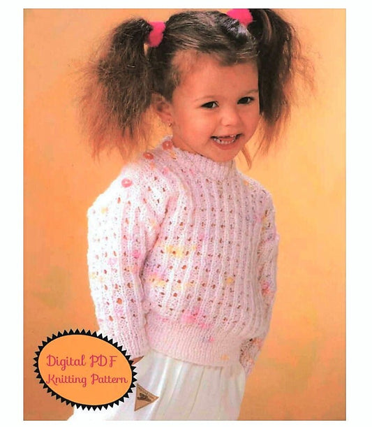 Vintage Knitting Pattern Baby Toddler Girls Pretty Knit Sweater Button Shoulder PDF Instant Digital Download Pullover Jumper 0-8 yrs DK