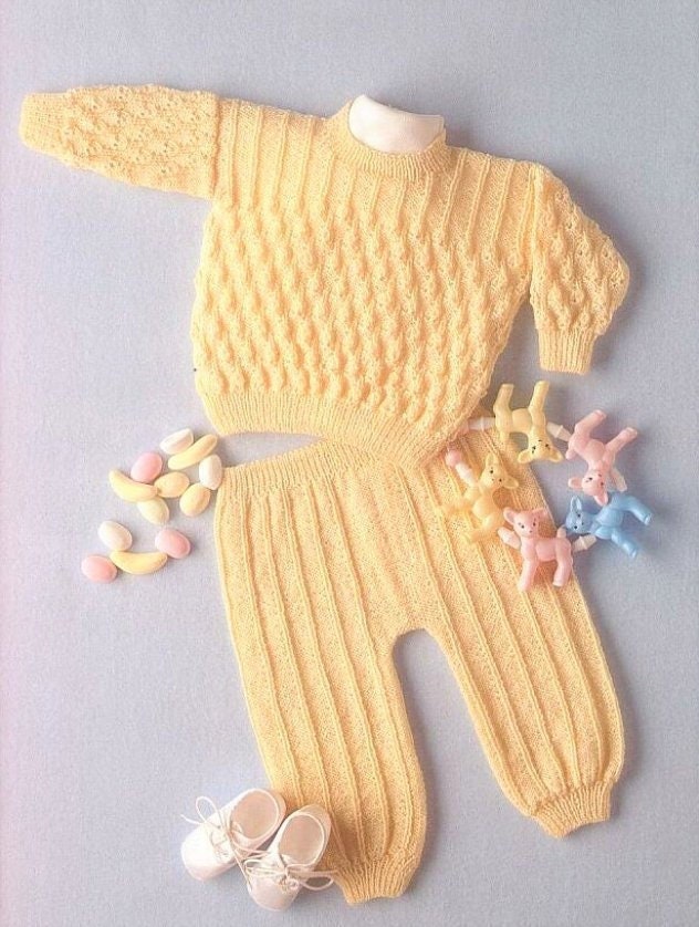 Vintage Knitting Pattern Knit Baby Sweater and Pants Leggings Set Instant PDF Digital Download Pullover Top Pants Preemie - 18m 4 Ply and 8 Ply