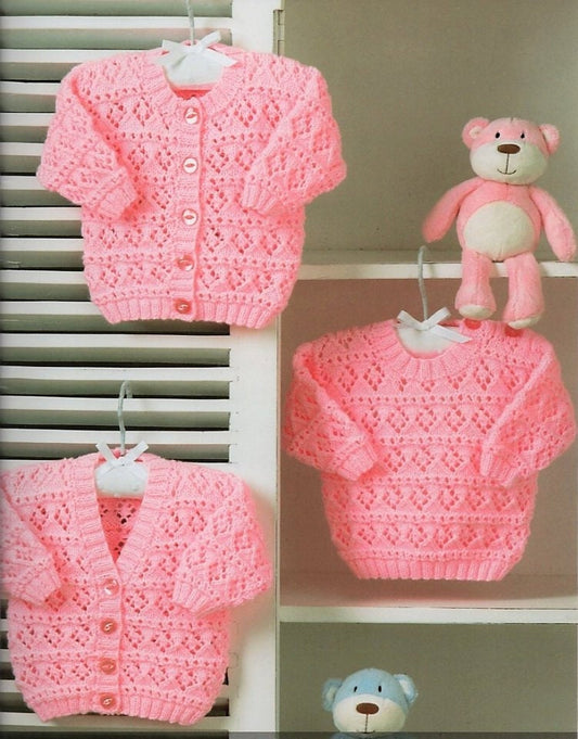 Vintage Knitting Pattern Knit Baby Cardigan & Pullover Sweaters Openwork Diamonds PDF Instant Digital Download Preemie - 2 yrs DK 8 Ply