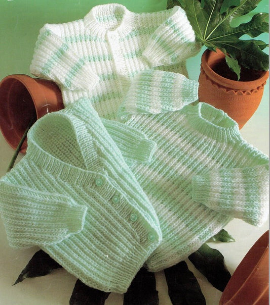 Vintage Knitting Pattern Baby Ribbed Cardigan Pullover Sweaters Solid & Striped PDF Instant Digital Download 0- 24m DK 8 Ply