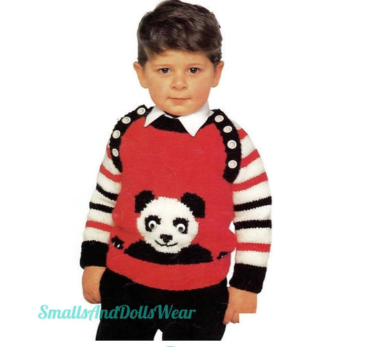 Vintage Knitting Pattern Toddler Childs Panda Bear Motif Sweater PDF Instant Digital Download Zoo Animal Pullover 2-6 yrs 10 Ply