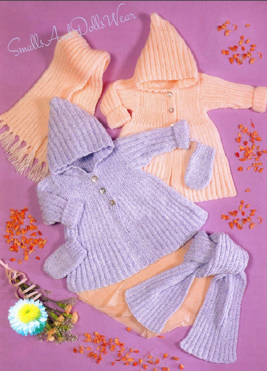 Vintage Knitting Pattern Baby to Toddler Girl Ribbed Hooded Coat Scarf Mitts Set PDF Instant Digital Download 0 - 4 yrs DK 8 Ply