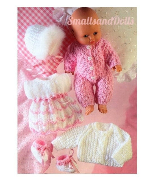 Vintage Knitting Pattern Pretty Doll Clothes Set for 14 Inch Baby Doll 5 Pc PDF Instant Digital Download Dress Bonnet All In One DK 8 Ply