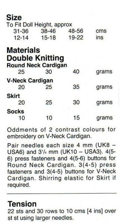 Vintage Knitting Pattern Doll Clothes Pretty Cardigan Sweater Skirt Outfits 12-14 15-18 19-22 Inch Dolls PDF Instant Digital Download 8 Ply