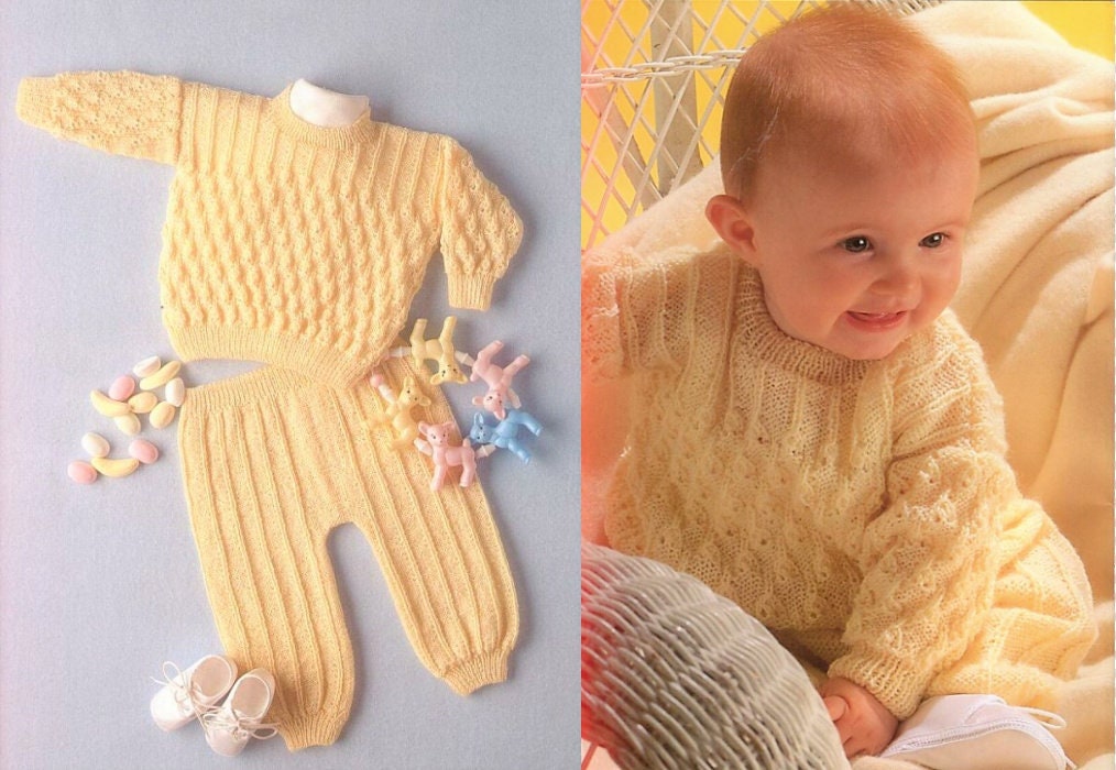 Vintage Knitting Pattern Knit Baby Sweater and Pants Leggings Set Instant PDF Digital Download Pullover Top Pants Preemie - 18m 4 Ply and 8 Ply