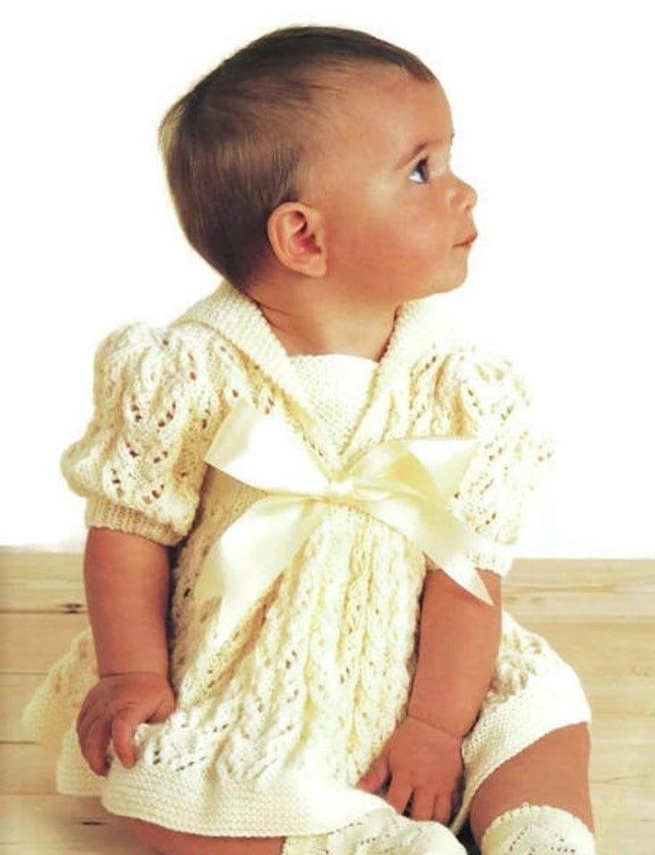 Vintage Knitting Pattern Pretty Lacy Sailor Collar Baby Girl Dress PDF Instant Download Newborn to 2 Years DK