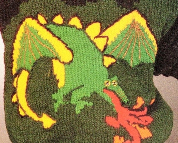 Vintage Knitting Pattern Childs Boys Dragon Sweater PDF Instant Digital Download Fantasy Animal Motif Pullover Jumper 4-12 years 10 Ply