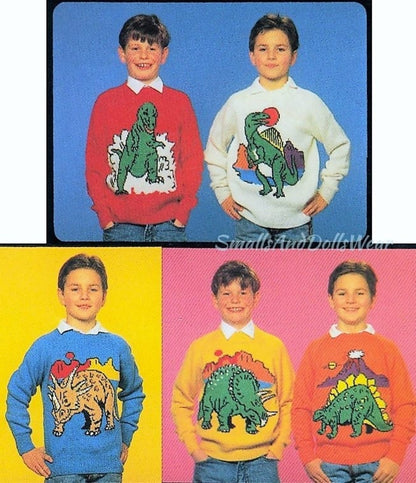 Vintage Knitting Pattern Boys to Mens Knit Dinosaur Sweaters PDF Instant Digital Download Intarsia Pullover Jumpers 4 Years and Up 4 Ply