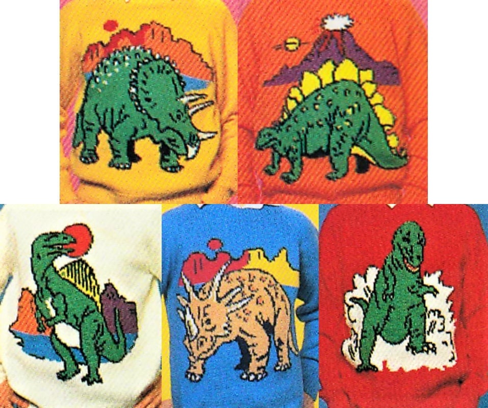 Vintage Knitting Pattern Boys to Mens Knit Dinosaur Sweaters PDF Instant Digital Download Intarsia Pullover Jumpers 4 Years and Up 4 Ply