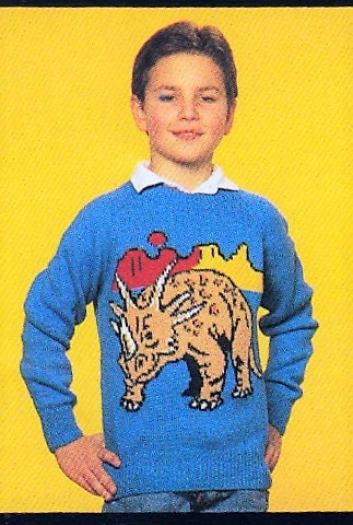 Vintage Knitting Pattern Boys to Mens Knit Dinosaur Sweaters PDF Instant Digital Download Intarsia Pullover Jumpers 4 Years and Up 4 Ply