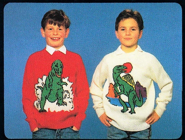 Vintage Knitting Pattern Boys to Mens Knit Dinosaur Sweaters PDF Instant Digital Download Intarsia Pullover Jumpers 4 Years and Up 4 Ply