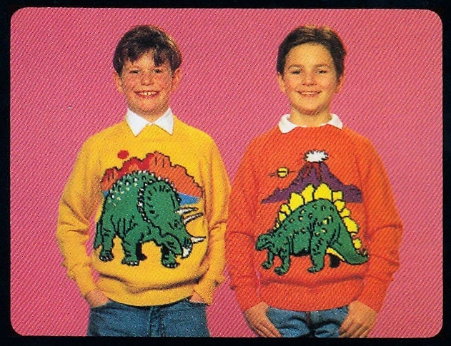 Vintage Knitting Pattern Boys to Mens Knit Dinosaur Sweaters PDF Instant Digital Download Intarsia Pullover Jumpers 4 Years and Up 4 Ply