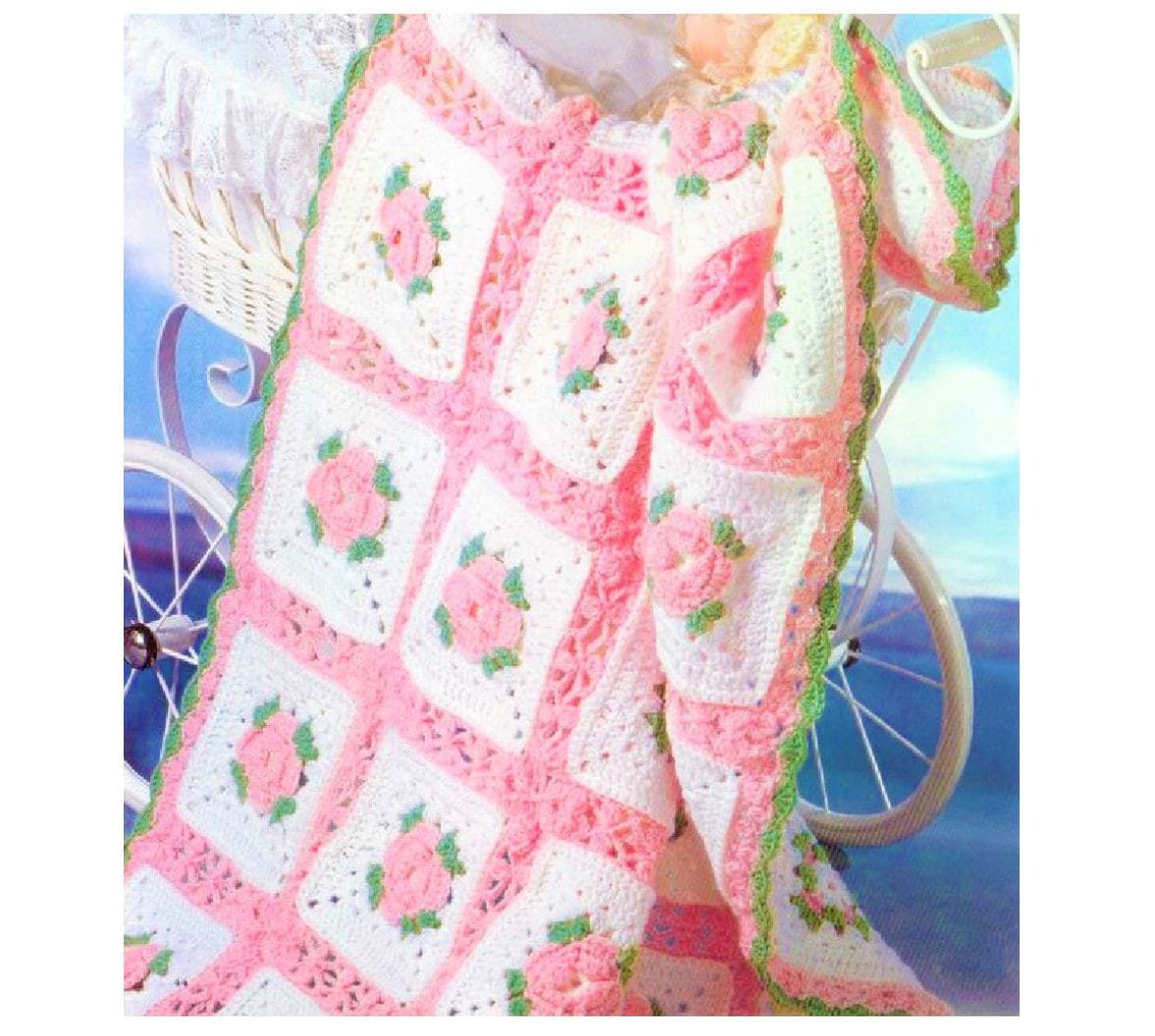 Vintage Crochet Pattern Pretty Rosebud Granny Square Baby Afghan Blanket PDF Instant Digital Download DK 8 Ply