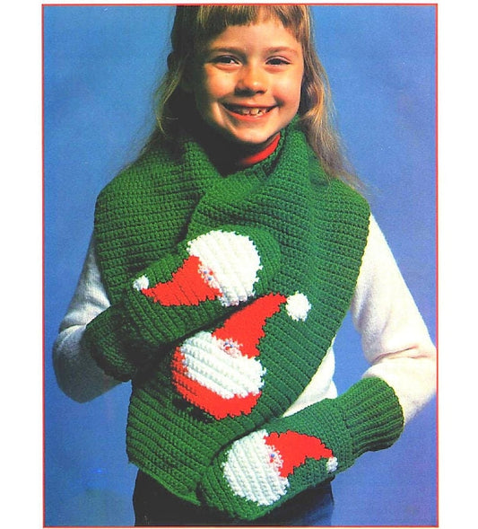 Vintage Crochet Pattern Childs Tweens Santa Claus Motif Scarf and Mittens Set PDF Instant Digital Download Christmas Scarf Mitts O/S 4 Ply