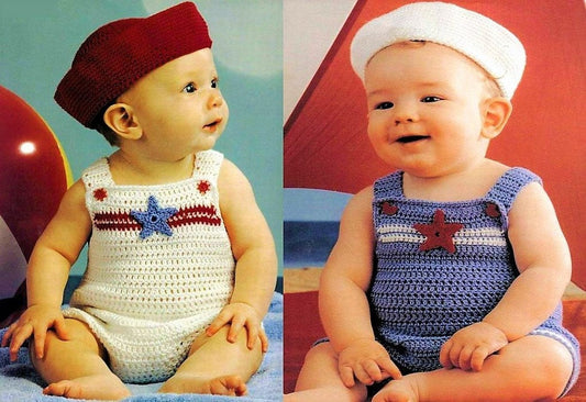 Vintage Crochet Pattern Baby Stars Sailor Suit Sunsuit Overalls Romper Hat Outfit Set PDF Instant Digital Download 9-12 months 5 Ply