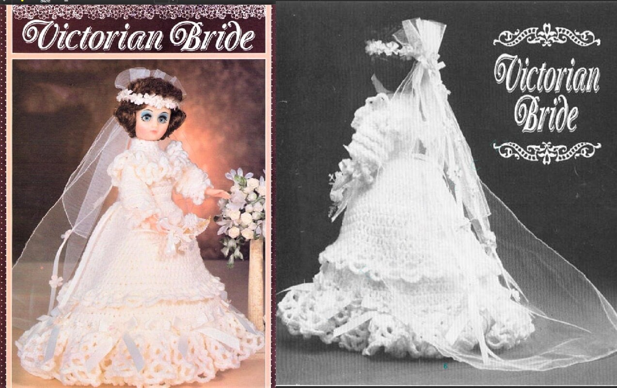 Vintage Crochet Pattern Victorian Bride Dress Outfit for 15" Fashion Dolls PDF Instant Digital Download Old Fashioned Doll Wedding Dress