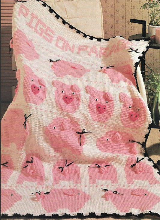 Vintage Crochet Little Piggies Afghan Pattern Pig Baby Blanket PDF Instant Digital Download Crib Cot Cover Tunisian Stitch 4 Ply