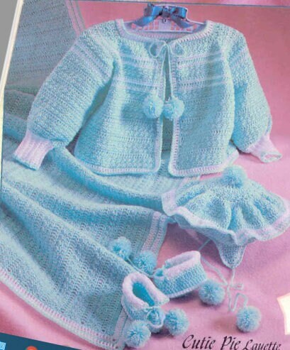 Vintage Crochet Pattern Cute Baby PomPom Layette Set PDF Instant Digital Download Sweater Tam Hat Booties Afghan Blanket Boy or Girl 3-6m