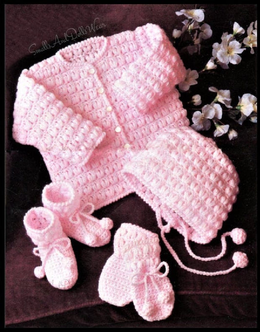 Vintage Crochet Pattern Baby Cluster Stitch 4 Piece Set Cardigan Jacket Hat Cap Booties Mitts PDF Instant Digital Download 0-2 yrs DK 8 Ply