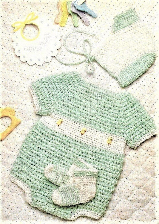 Vintage Crochet Pattern Baby Boy Ducky Sun Suit Bubble Romper Socks & Hat Set PDF Instant Digital Download 6-18m 7 to 18 pounds 3 Ply