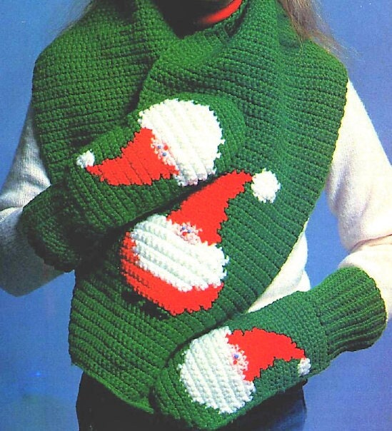 Vintage Crochet Pattern Childs Tweens Santa Claus Motif Scarf and Mittens Set PDF Instant Digital Download Christmas Scarf Mitts O/S 4 Ply