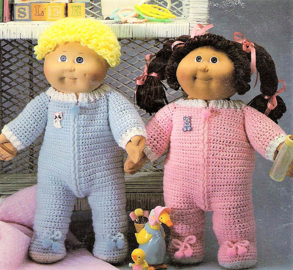 Vintage Crochet Pattern 16 Inch Soft Sculpture Cabbage Patch Kids Doll Sleepwear Clothes Pajamas PDF Instant Digital Download 10 Ply