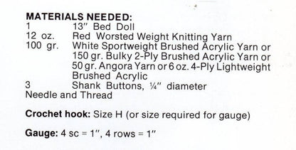 Vintage Crochet Pattern 13" Christmas Bed Doll Cape Angora Trimmed Dress Little Red Riding Hood Bed Doll PDF Instant Digital Download 10 Ply