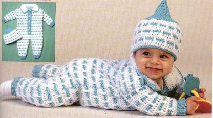 Vintage Crochet Pattern Baby Boy or Girl Playsuit & Hat Set PDF Instant Digital Download Dashed Stripes Long Romper 6 and 18 Months 5 Ply