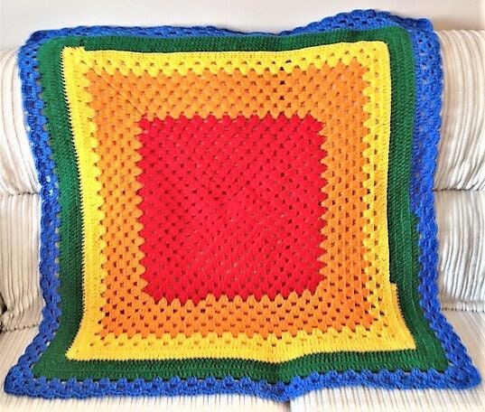 Vintage Crochet Pattern Large Center Square Baby Afghan Blanket PDF Instant Digital Download Granny Square Flower Border Crib Cover 10 Ply