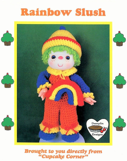 Vintage Crochet Pattern 14" Cupcake Corner Rainbow Slush Yarn Head Doll PDF Instant Digital Download 1980s Dumplin Designs 4 Ply Mitzy