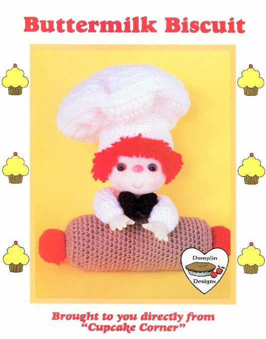 Vintage Crochet Pattern 14" Cupcake Corner Chef Buttermilk Biscuit Yarn Head Doll PDF Instant Digital Download 1980s Dumplin Designs 4 Ply