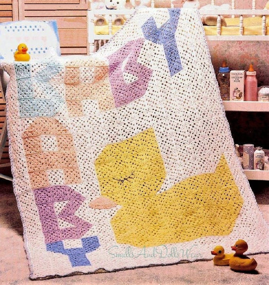 Vintage Crochet Pattern Baby Duck Blanket Picture Afghan PDF Instant Digital Download Granny Squares Block Nursery Lapghan Crib Cover 5 Ply