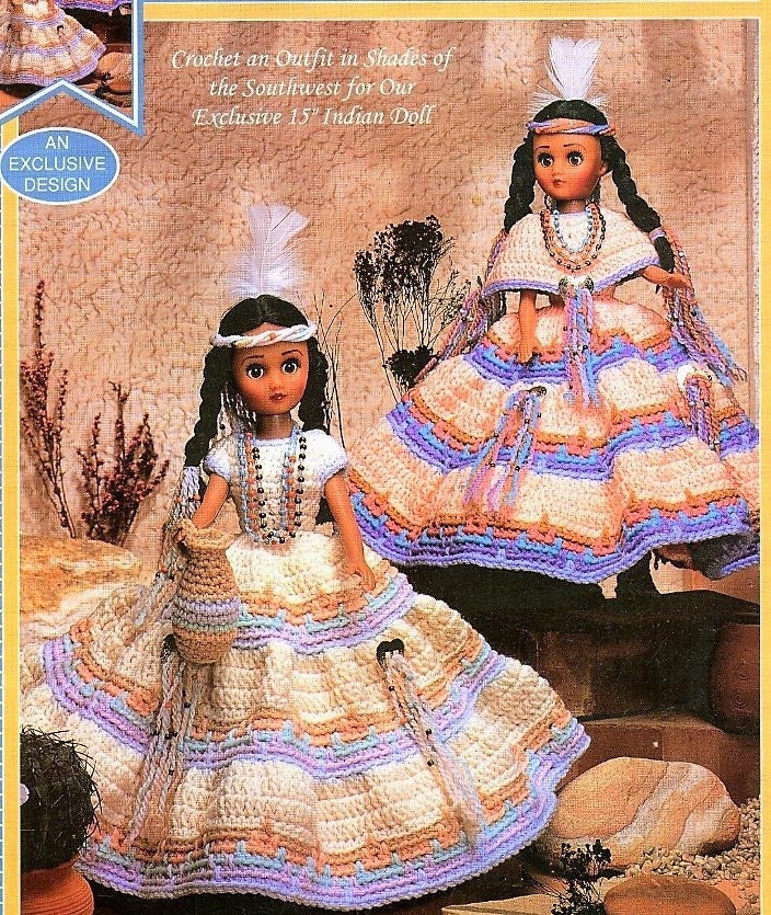 Vintage Crochet Patterns Indian Princess Native Doll Dresses Outfits for 15" Fashion Dolls PDF Instant Digital Download 10 Ply