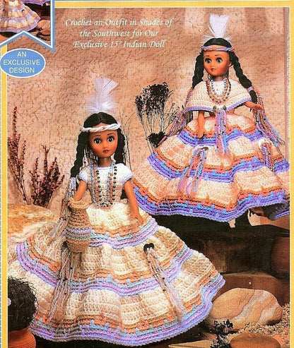 Vintage Crochet Patterns Indian Princess Native Doll Dresses Outfits for 15" Fashion Dolls PDF Instant Digital Download 10 Ply