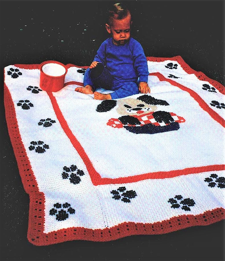 Vintage Crochet Pattern Puppy Dog Baby Afghan Blanket Embroider Paw Prints PDF Instant Digital Download Tunisian Stitch Crib Cot Cover 4 Ply