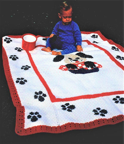 Vintage Crochet Pattern Puppy Dog Baby Afghan Blanket Embroider Paw Prints PDF Instant Digital Download Tunisian Stitch Crib Cot Cover 4 Ply