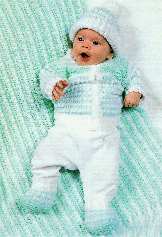 Vintage Crochet Pattern Baby Boy 4 Pc Layette Set PDF Instant Digital Download Sweater Pompom Hat Booties Afghan Blanket 5 Ply Newborn 0-3m