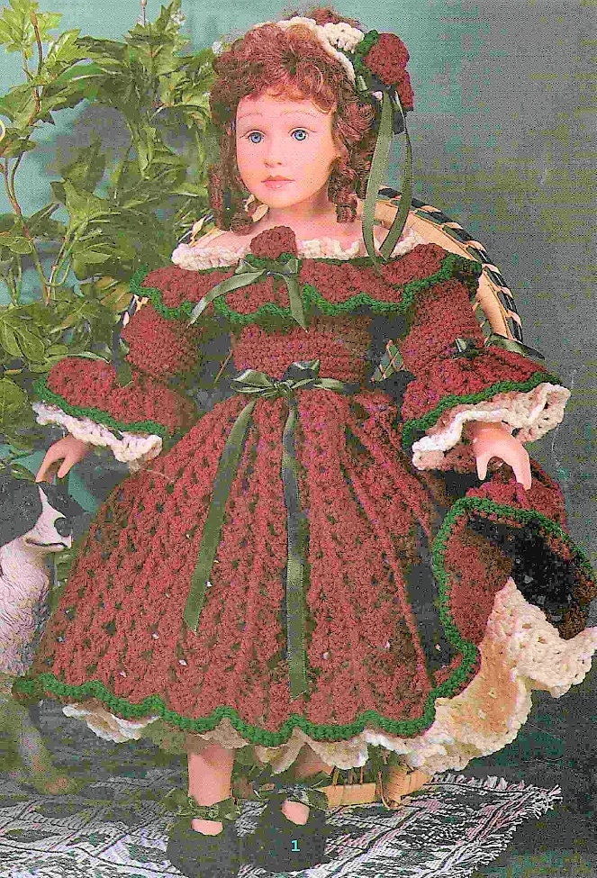Vintage Crochet Pattern 24" Victorian Doll Dress 4 Piece Outfit PDF Instant Digital Download Rosebud Dress Headband 3 Ply