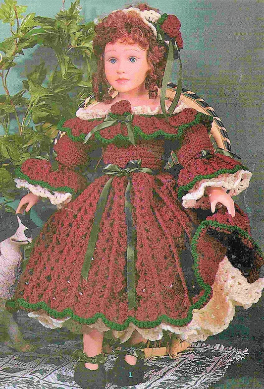 Vintage Crochet Pattern 24" Victorian Doll Dress 4 Piece Outfit PDF Instant Digital Download Rosebud Dress Headband 3 Ply
